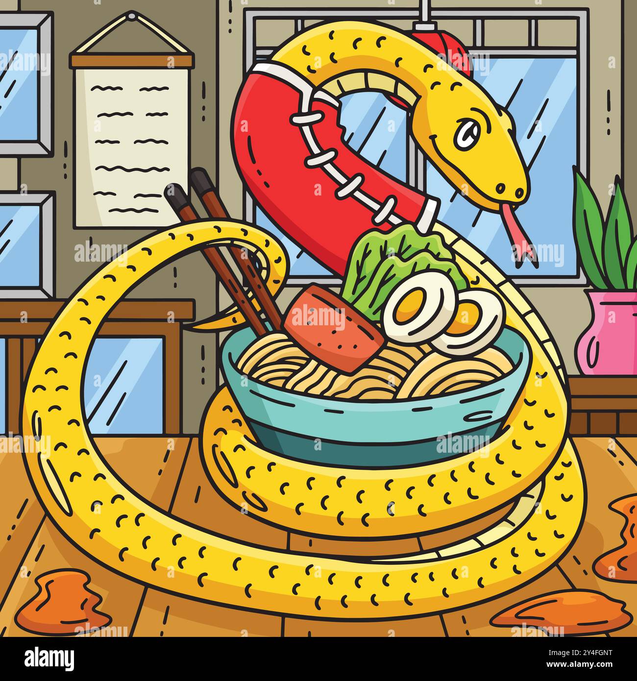 Année du Snake Bowl de nouilles coloré Cartoon Illustration de Vecteur