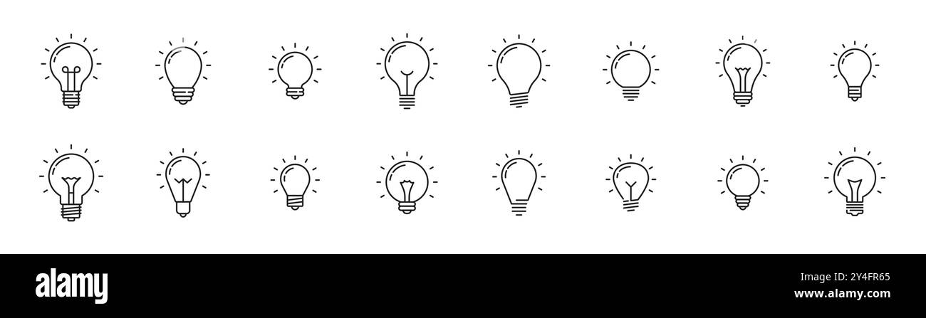 Icônes de ligne d'idée d'ampoule. Lampes à énergie électrique vectorielle et ampoules isolent les symboles de contour pour la solution créative, l'idée, l'innovation et le concept d'inspiration. Panneaux lumineux à lignes minces Illustration de Vecteur