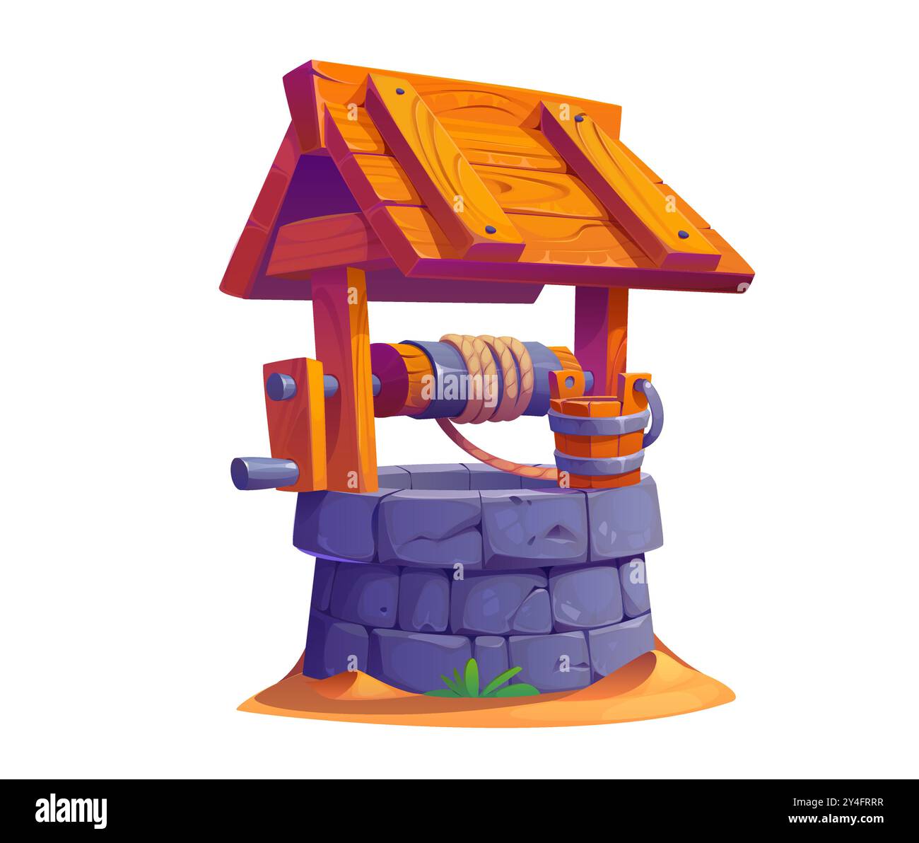 Seau en bois de dessin animé et puits d'eau en pierre cadre en bois et base en pierre, une corde et un seau pour tirer l'eau du sol. Vecteur rustique, structure cylindrique en bois avec un toit incliné Illustration de Vecteur