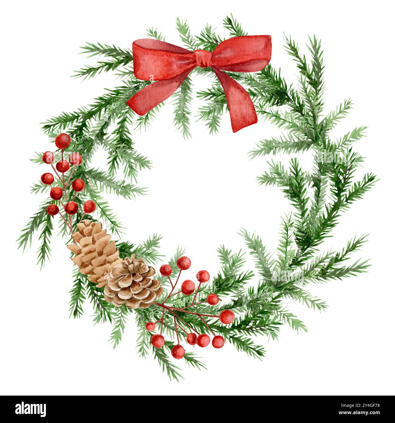 Illustration aquarelle d'une couronne de Noël faite de branches de sapin, branches rouges avec baies, cônes, arc rouge. Banque D'Images