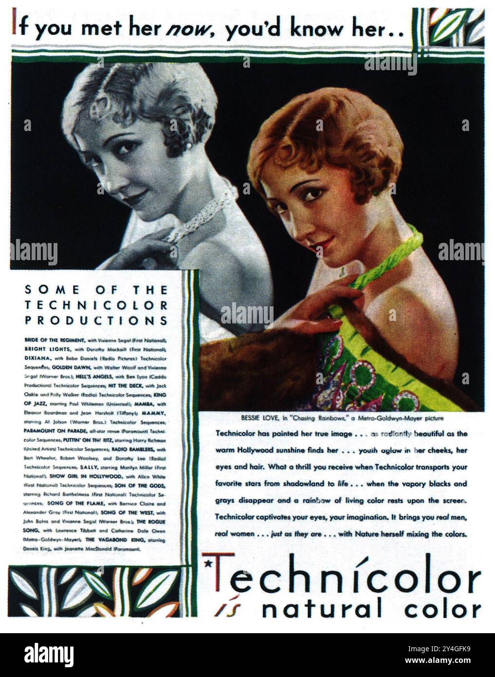 1930 annonce Technicolor avec Bessie Love dans le film « Chasing Rainbows » MGM Banque D'Images