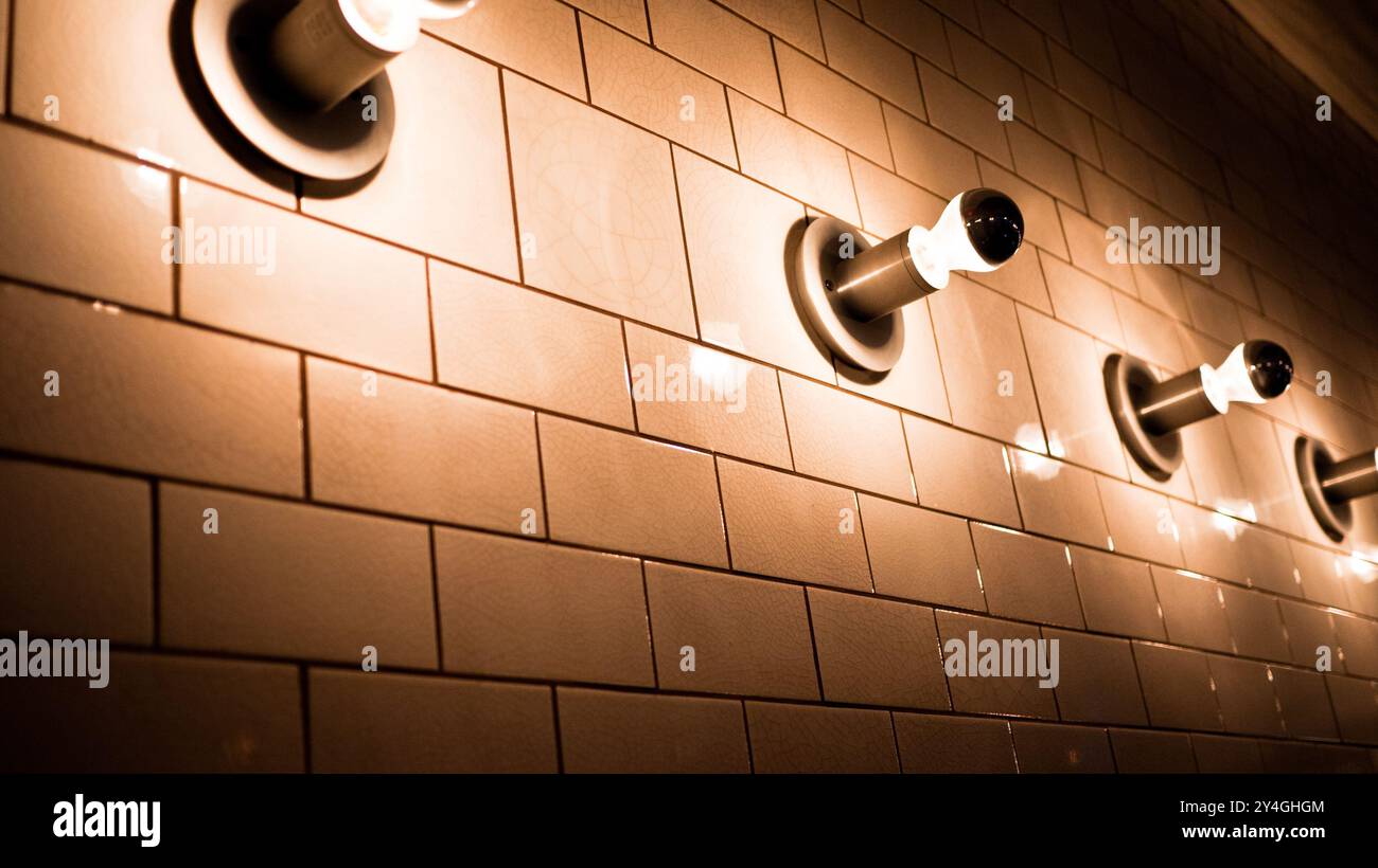 Luminaires tuiles diagonales Washington DC // WASHINGTON DC — les luminaires modernes éclairent les tuiles diagonales blanches dans ce qui semble être un espace architectural intérieur dans la capitale nationale. Le design épuré et minimaliste comporte des carreaux blancs inclinés en diagonale sur le cadre, créant un motif géométrique caractéristique de l'architecture contemporaine. Les surfaces blanches éclatantes et l'éclairage stratégique illustrent les principes de conception moderne couramment trouvés dans les bâtiments publics de Washington DC.ce détail architectural met en valeur l'intersection de la fonctionnalité et de l'esthétique en milieu urbain Banque D'Images