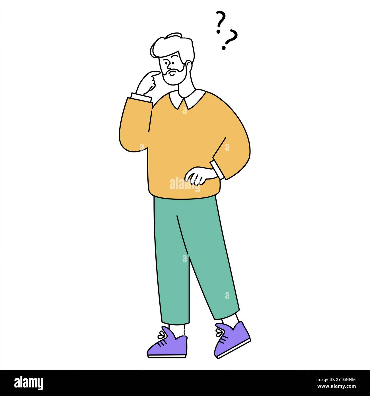 Concept de vecteur d'homme d'affaires pensif. Un homme en vêtements décontractés avec des symboles de questions au-dessus de sa tête, signifiant une pensée profonde ou une confusion. Illustration vectorielle. Illustration de Vecteur