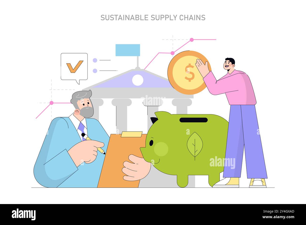 Concept de chaînes d'approvisionnement durables. Professionnels travaillant pour une croissance économique respectueuse de l'environnement. Investissement dans les affaires vertes, banque responsable. Illustration vectorielle. Illustration de Vecteur