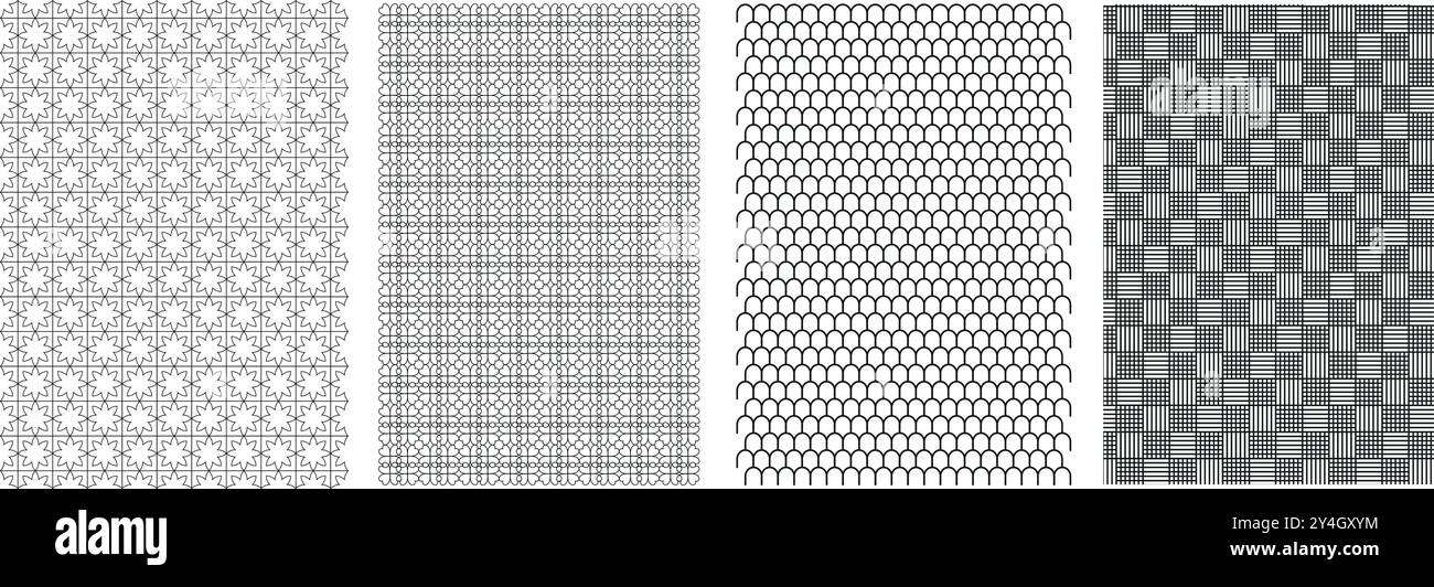 Fond de motif vectoriel abstrait géométrique sans couture, impressions uniques sans fin grises et blanches, ensemble de motifs textiles modernes pour les tissus. Illustration de Vecteur