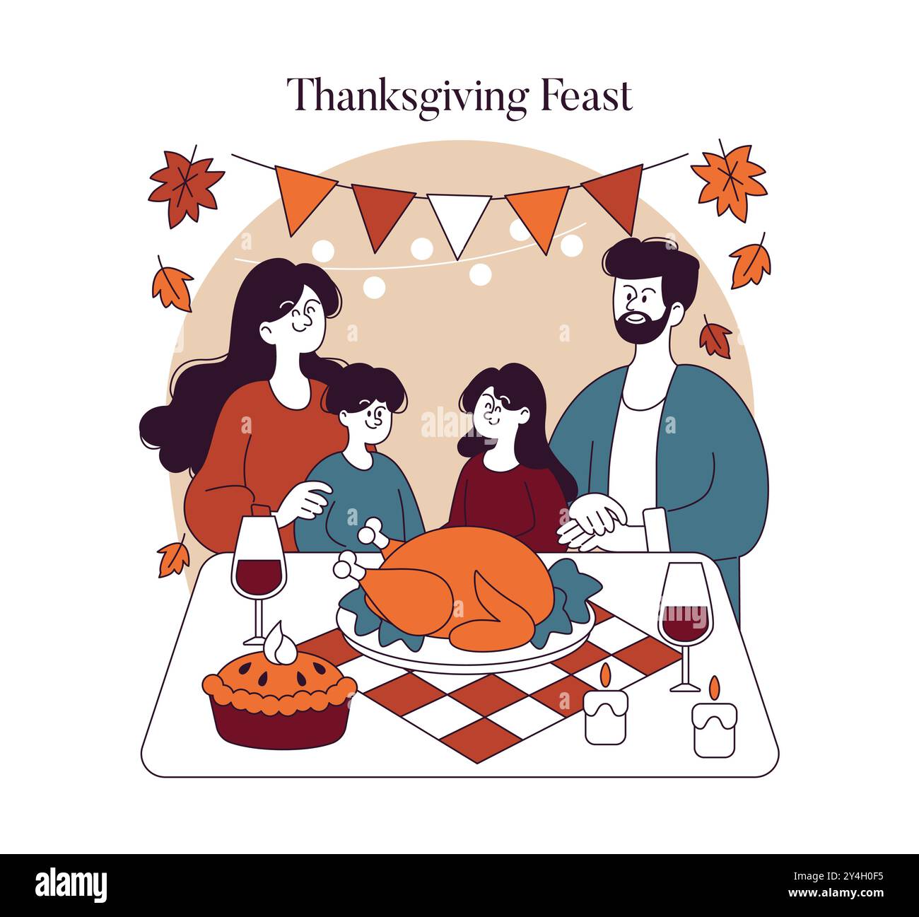 Concept du jour de Thanksgiving. Une famille se réunit autour d’une table remplie d’une dinde festive, partageant un moment de gratitude. Les feuilles d'automne et les décorations améliorent la scène chaleureuse. Illustration vectorielle. Illustration de Vecteur