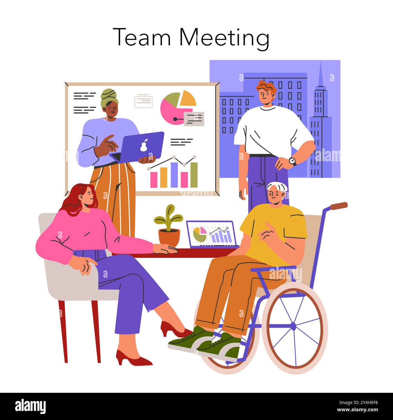 Lieu de réunion inclusif en milieu de travail avec une équipe diversifiée s'engageant dans une présentation avec des graphiques et des appareils numériques. Illustration vectorielle. Illustration de Vecteur