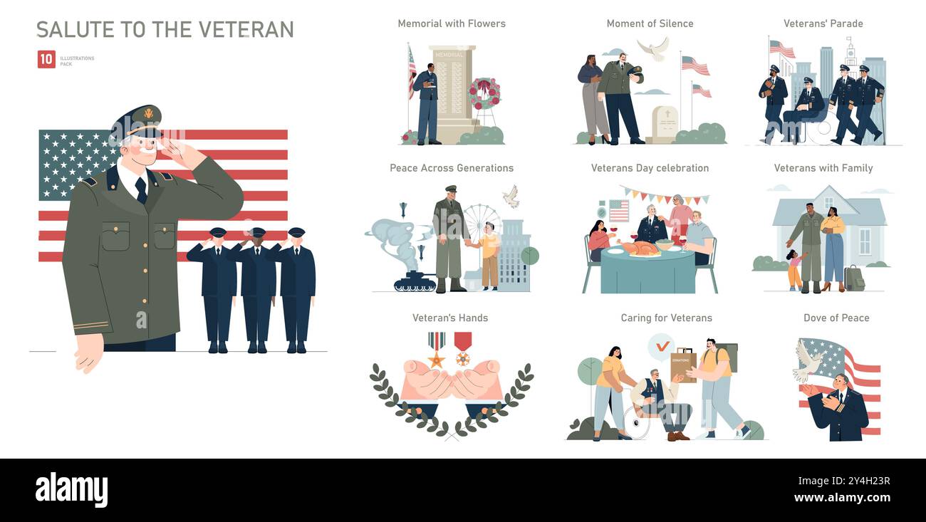 Salut à l'ensemble vétéran. Illustrations représentant divers actes d'honneur et d'appréciation pour les vétérans militaires. Hommages respectueux, unité familiale et événements commémoratifs. Illustration vectorielle. Illustration de Vecteur