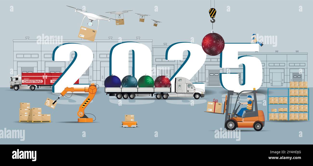 Centre logistique. Livraison des marchandises du nouvel an dans le nouvel an 2025. Illustration de Vecteur