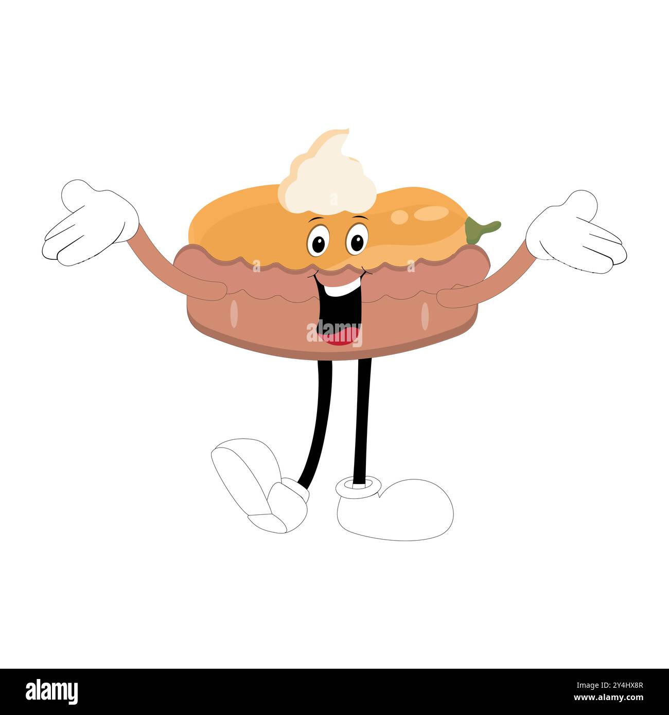 Jolie mascotte tarte à la citrouille, personnages Halloween Pumpkin Pie. Dessin animé Sweets Cup Pudding Latte marchant et souriant. Modèle de mascotte de vacances d'automne de vecteur Illustration de Vecteur