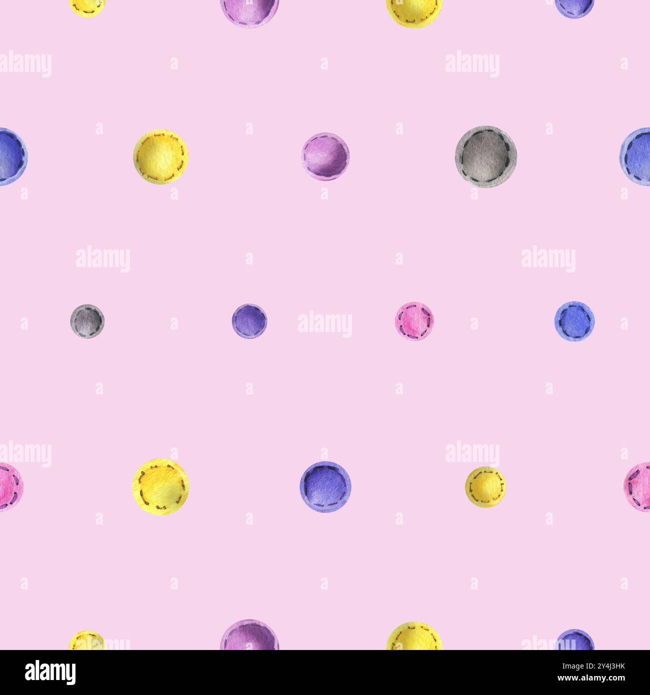 Perles cousues à partir de tissu de feutre, différentes couleurs de jaune, bleu, gris, rose avec des points de fil. Illustration à l'aquarelle, dessinée à la main. Motif sans couture Banque D'Images