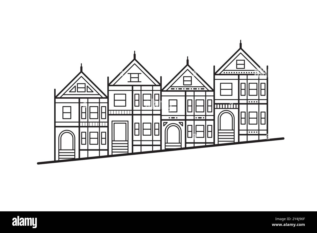 Peints dames célèbres maisons victoriennes Row sur Alamo Square à San Fransisco, Californie. Illustration de la ligne noire. Illustration de Vecteur