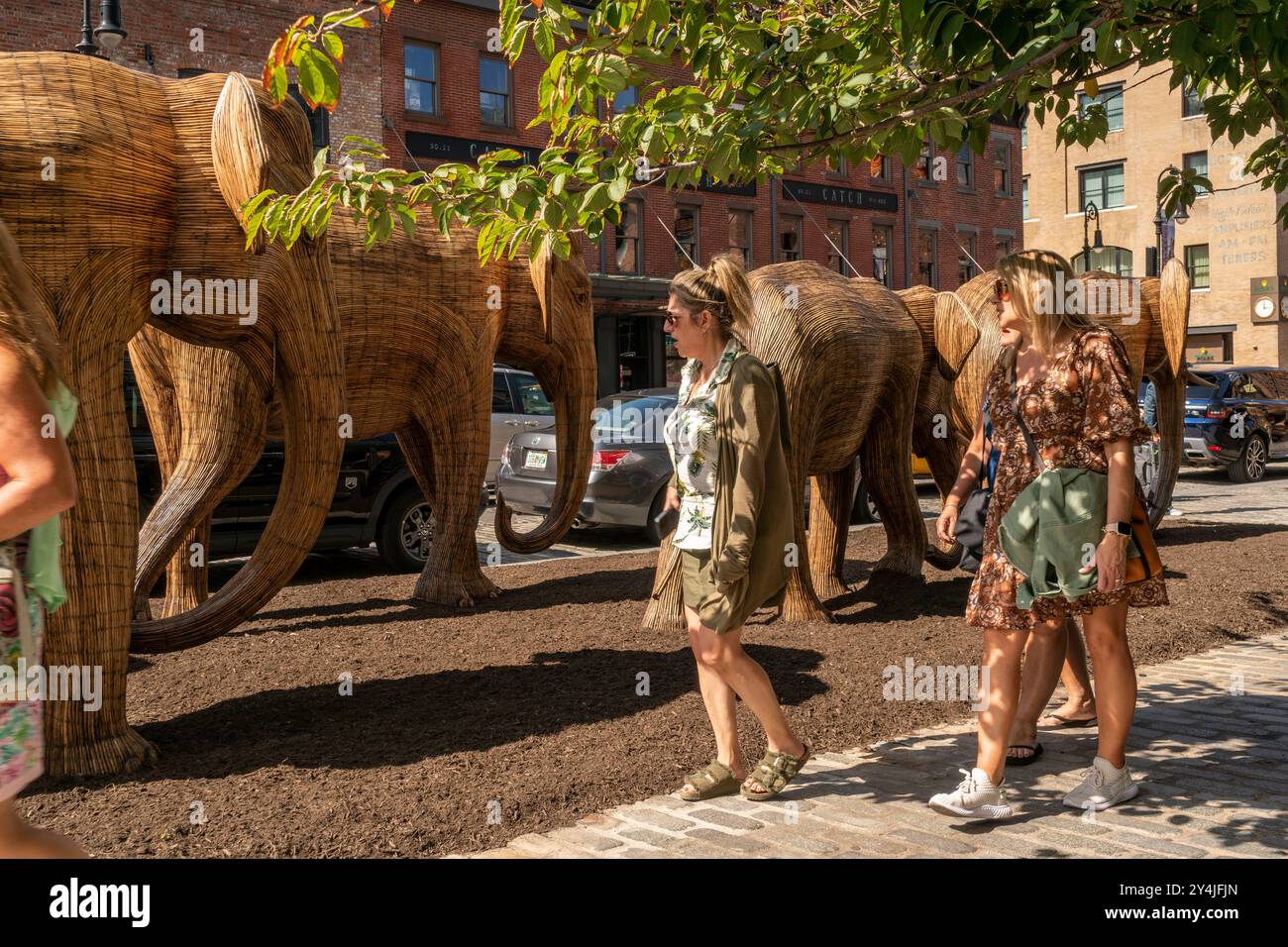 Les gens sont impressionnés par l’installation d’art public Great Elephant migration dans le Meatpacking District de New York le jeudi 5 septembre 2024. Les 100 statues ont été créées par le collectif coexistence dont la mission aide les gens à partager l'espace avec des créatures magnifiques. Les éléphants ont été construits par des artisans indigènes indiens à partir du Lantana Camara, une espèce végétale envahissante. L'installation sera exposée jusqu'au 20 octobre. (©ÊRichard B. Levine) Banque D'Images