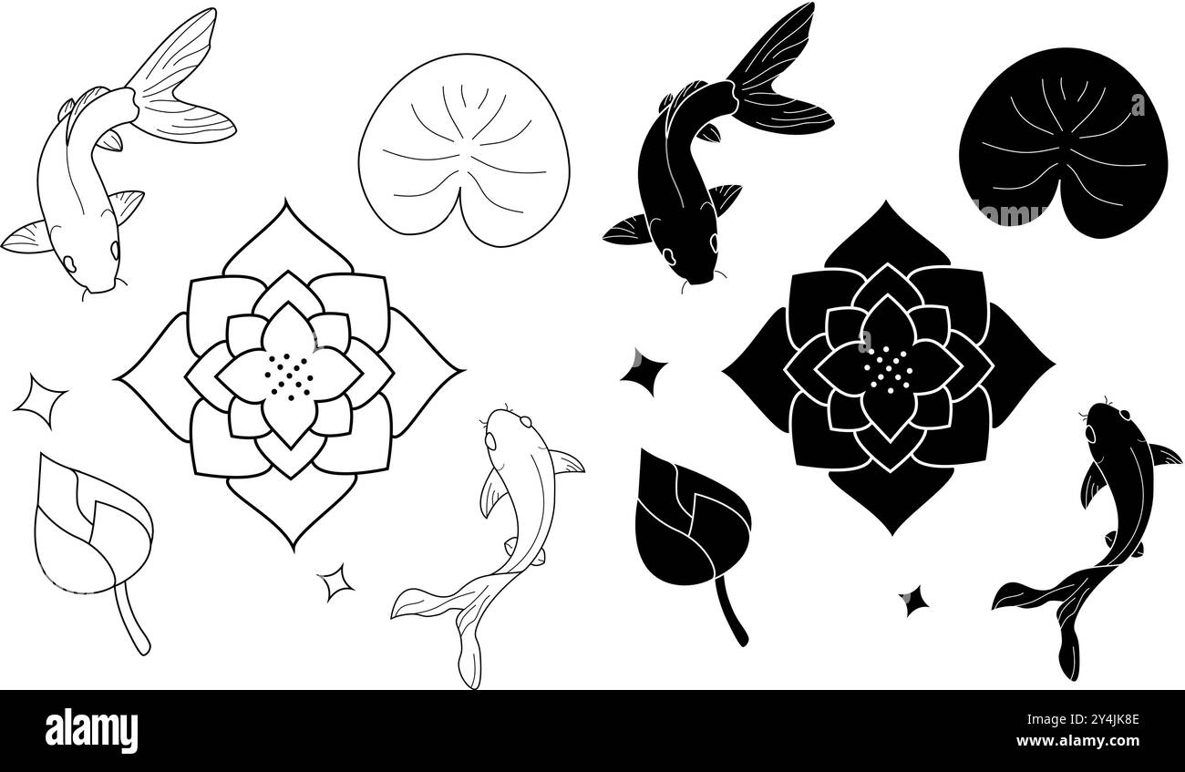 Poisson Koi avec fleurs de lotus et illustrations vectorielles de feuilles. Carpes colorées orientales japonaises nageant. Poisson rouge traditionnel asiatique chinois isolé sur w Illustration de Vecteur