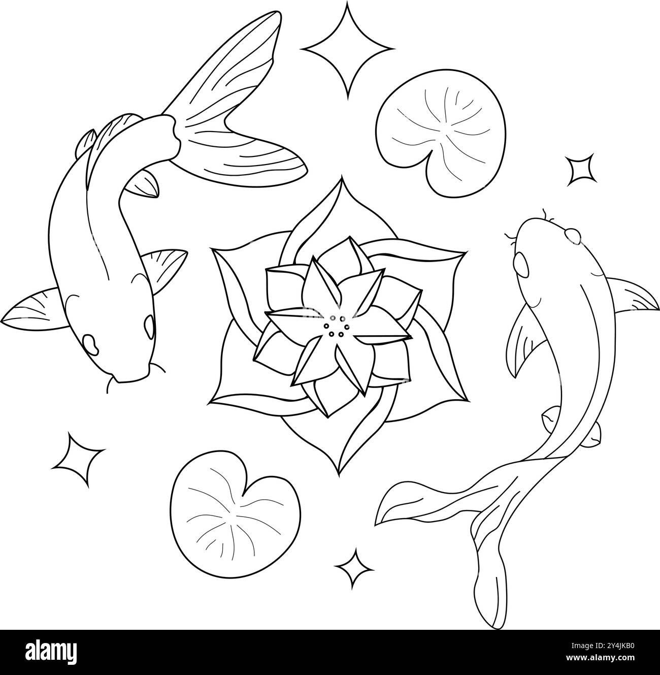 Illustration vectorielle d'un poisson carpe entouré de fleurs de lotus dans le style de gravure Illustration de Vecteur