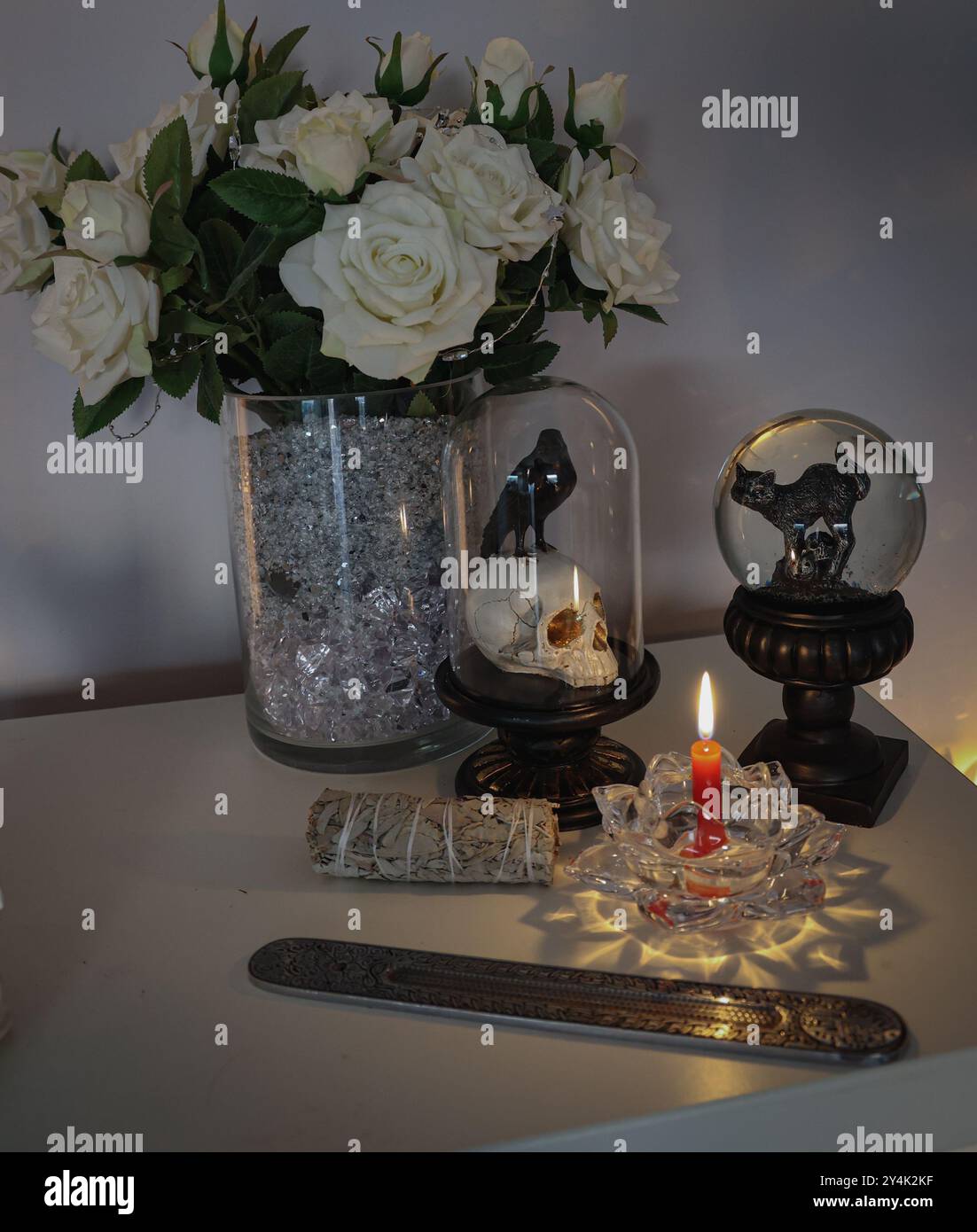 Une scène de nature morte mystique avec des roses blanches, un crâne, un corbeau, un chat noir, une bougie allumée, et un porte-encens L'ambiance sombre crée un p. Banque D'Images