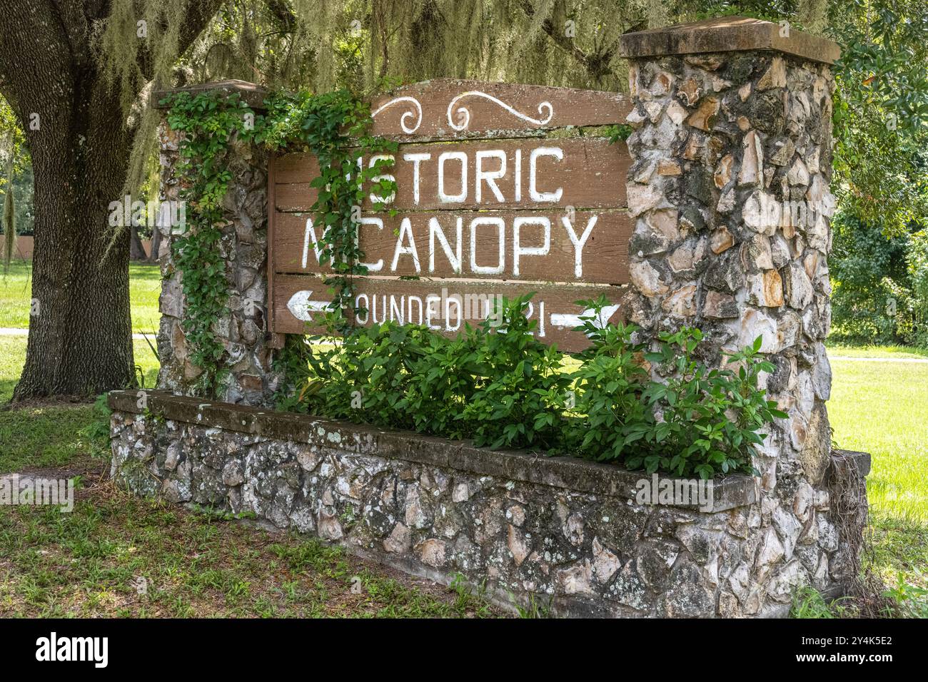 Signe pour Historic Micanopy, fondée en 1821 et la plus ancienne communauté intérieure continuellement habitée en Floride. (ÉTATS-UNIS) Banque D'Images