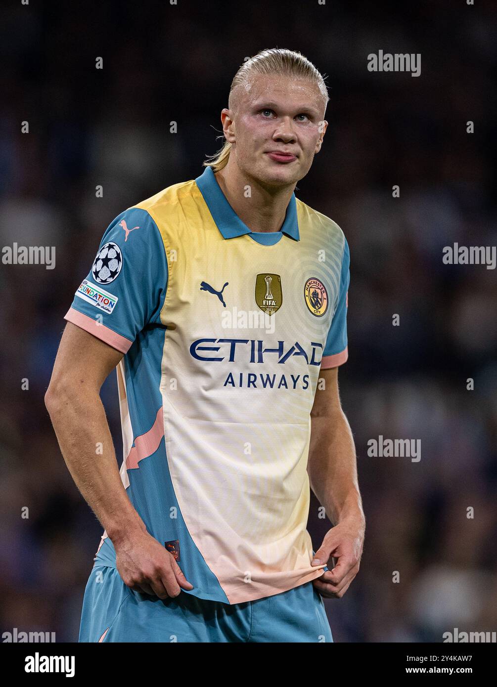 Manchester, Royaume-Uni. 19 septembre 2024. Erling Haaland de Manchester City réagit lors du match de l'UEFA Champions League entre Manchester City et l'Inter Milan à Manchester, en Grande-Bretagne, le 18 septembre 2024. Crédit : Xinhua/Alamy Live News Banque D'Images