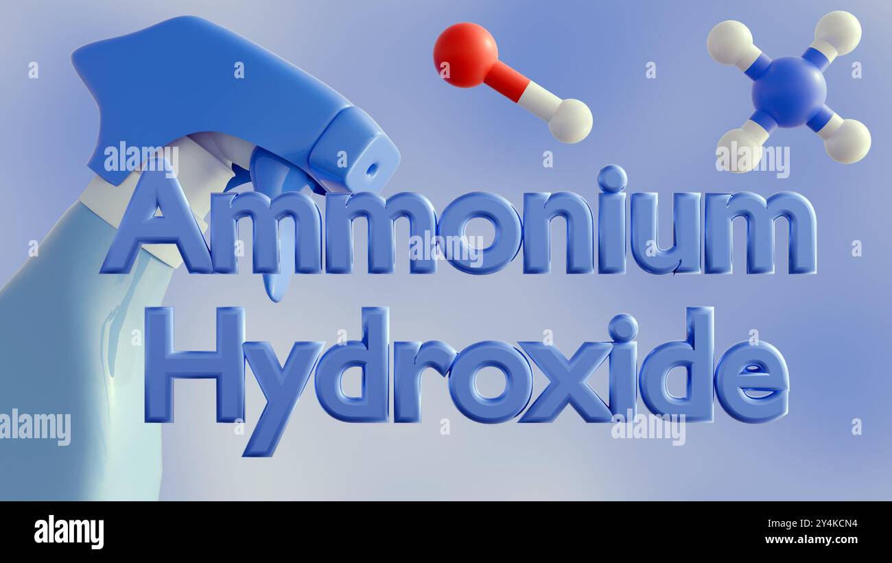 Le rendu 3d d'un pulvérisateur et les propriétés alcalines fortes de l'hydroxyde d'ammonium en font un agent de nettoyage efficace pour enlever la graisse, et autres Banque D'Images