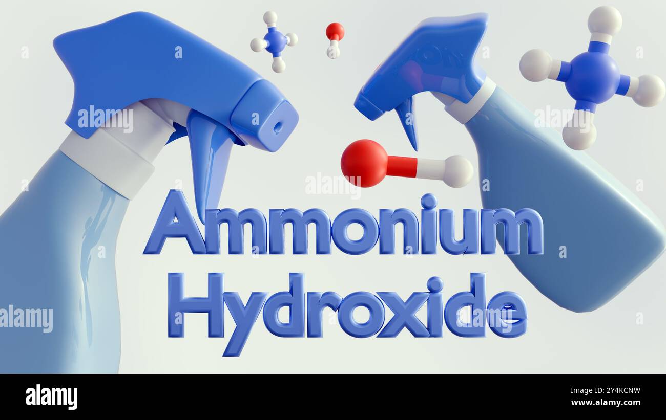 Le rendu 3d d'un pulvérisateur et les propriétés alcalines fortes de l'hydroxyde d'ammonium en font un agent de nettoyage efficace pour enlever la graisse, et autres Banque D'Images