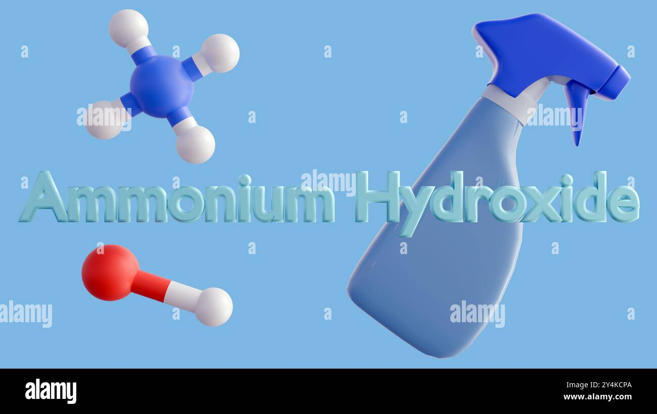 Le rendu 3d d'un pulvérisateur et les propriétés alcalines fortes de l'hydroxyde d'ammonium en font un agent de nettoyage efficace pour enlever la graisse, et autres Banque D'Images