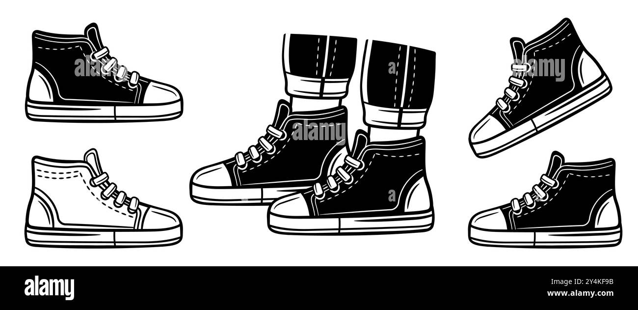 Chaussures de baskets, chaussures de chaussures, botte de course sportive sportive, vêtements de marche décontractés à la mode avec dentelle. Jeu d'icônes pour chaussure d'entraînement physique Illustration de Vecteur