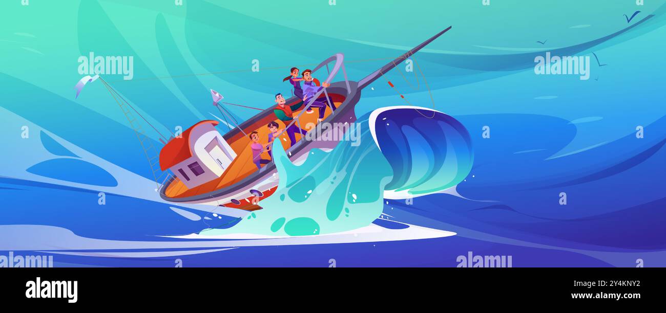 Bateau de pêche avec des hommes et des adolescents à bord ayant un accident et coulant sur une énorme vague. Vecteur de dessin animé de naufrage sur mer ou océan bleu eau. Situation d'urgence avec des personnes sur le navire de noyade. Illustration de Vecteur