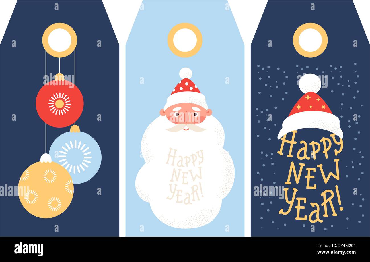 Étiquettes cadeau Noël du nouvel an. Joli portrait Père Noël, boules de Noël et lettrage Félicitation avec chapeau Claus. Cartes verticales festives isolées. VE Illustration de Vecteur