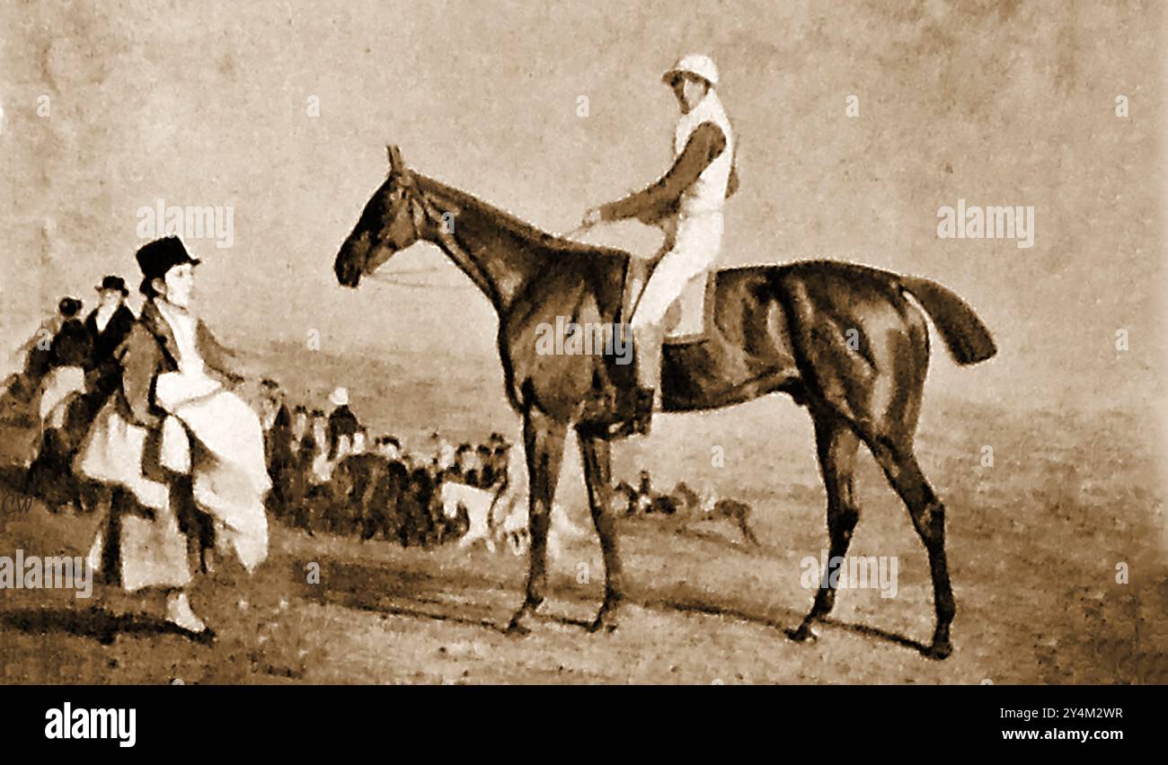 Une image du début du XIXe siècle du cheval de course britannique pur-sang victorien 'Sam' avec son cavalier Sam Chifney jr d'après lequel il a été nommé et propriétaire et éleveur Thomas Thornhill. Sire était Scud. Grand-père était Beningbrough. Barrage Goosander et Damsire Hambletonian Banque D'Images