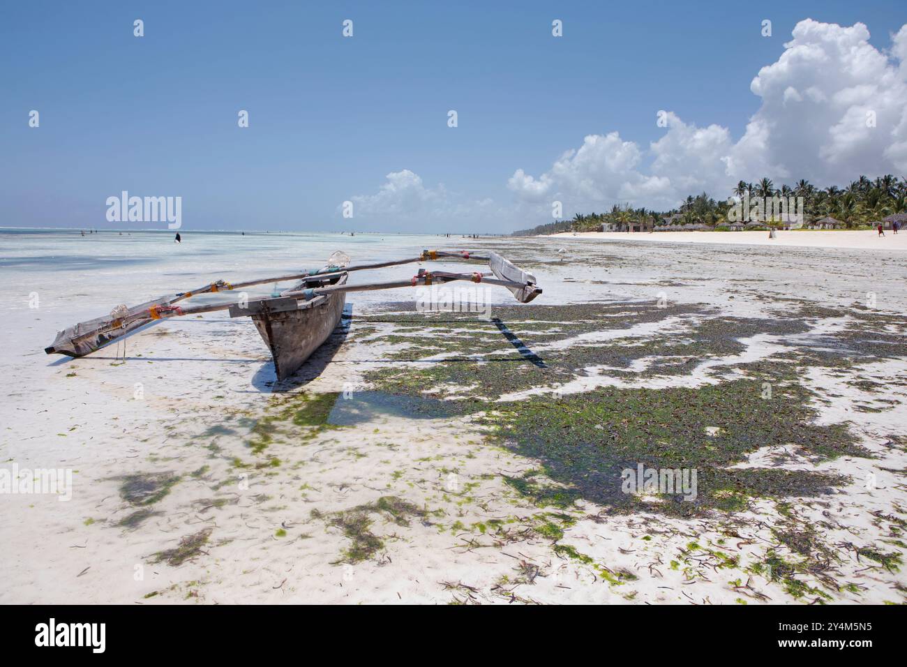 Un bateau de pêche vu le long d'une plage de sable lors d'une journée tropicale ensoleillée à Zanzibar. Banque D'Images