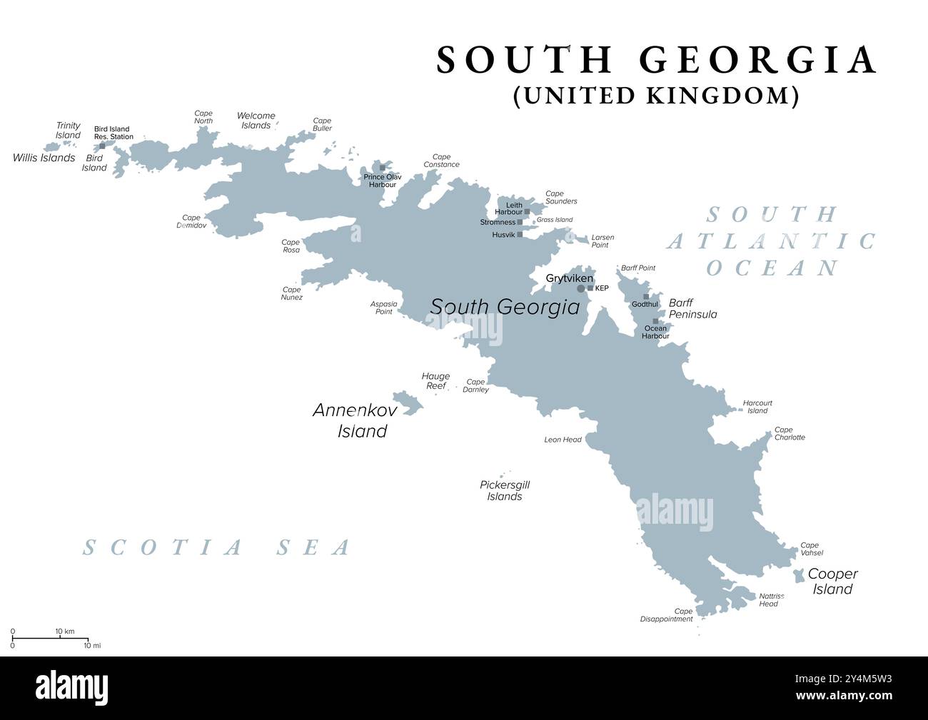 Géorgie du Sud, carte politique grise. Partie du territoire britannique d'outre-mer de Géorgie du Sud et des îles Sandwich du Sud. Banque D'Images