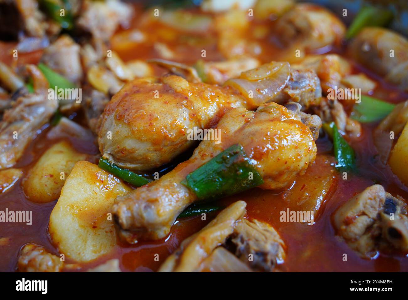 Le plat de poulet braisé épicé est préparé en faisant bouillir du poulet, des pommes de terre et des oignons dans une sauce Banque D'Images