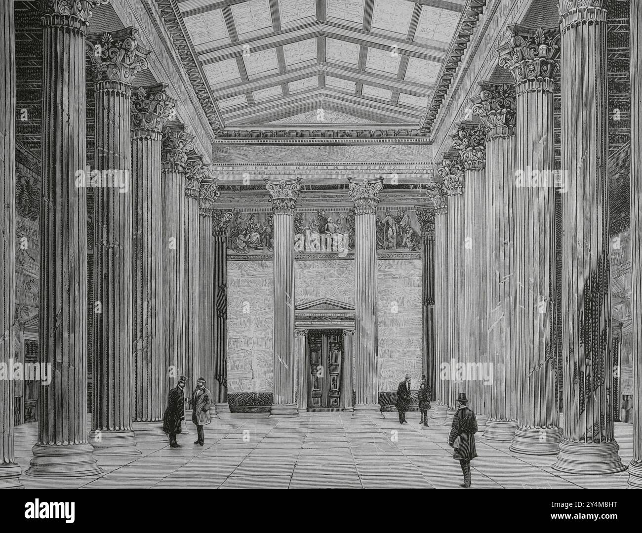 Histoire de l'Autriche. Vienne. Péristyle du bâtiment du Parlement autrichien. Le nouveau bâtiment a été inauguré le 4 novembre 1883. Il a été construit entre 1874 et 1883 dans le style néo-grec par l'architecte Theophil von Hansen (1813-1891). Gravure de Tomás Carlos Capuz (1834-1899). La Ilustración Española y Americana (illustration espagnole et américaine), 8 février 1884. Banque D'Images