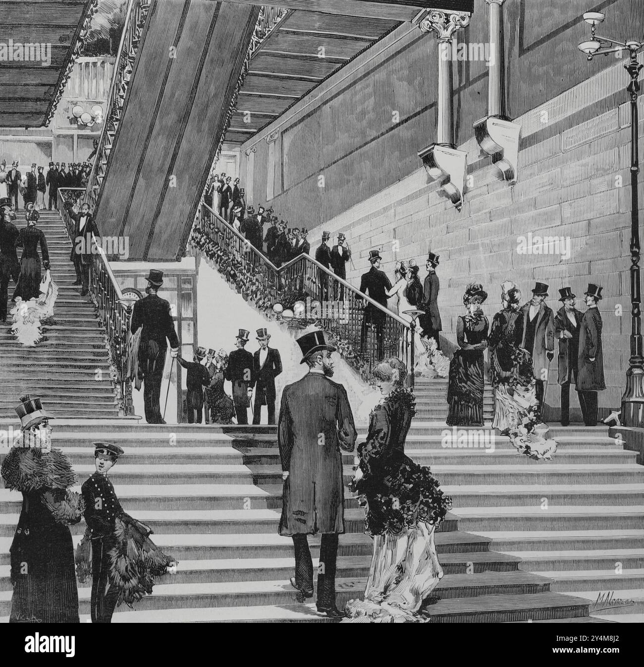 Histoire de l'Espagne. Ateneo de Madrid. Intérieur du bâtiment moderniste de la Calle del Prado, conçu par les architectes Enrique Fort et Luis Landecho. Aspect de l'escalier principal dans la nuit du 31 janvier 1884, lorsque le bâtiment a été inauguré par Antonio Cánovas del Castillo. Gravure par Vela. La Ilustración Española y Americana (illustration espagnole et américaine), 8 février 1884. Banque D'Images