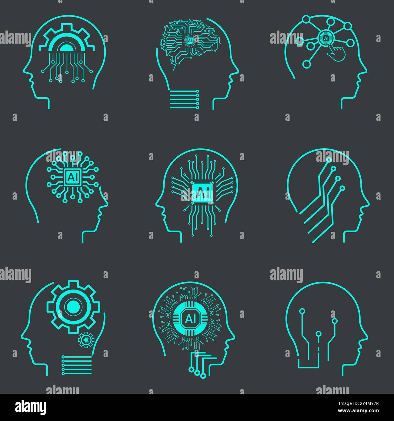 L'icône AI est définie sur fond sombre. Collection de symboles, élément vecteur de technologie. icône d'intelligence artificielle définie dans le style de ligne, apprentissage automatique, s. Illustration de Vecteur