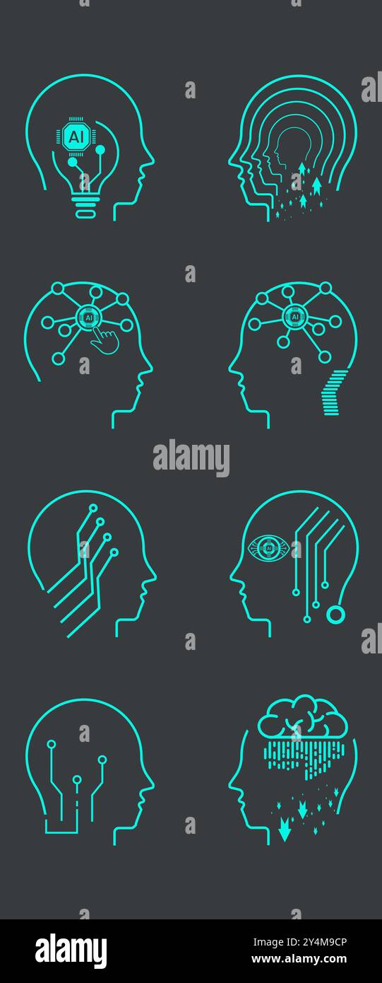 Ensemble de style de ligne d'intelligence artificielle. têtes de robot d'apprentissage automatique. Collection de vecteur d'icônes d'intelligence artificielle Illustration de Vecteur
