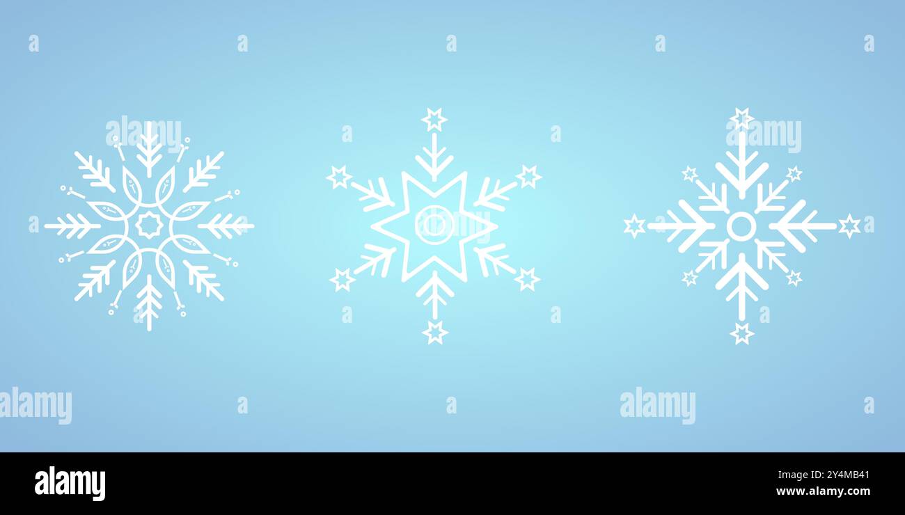 Trois de flocons de neige blancs pour l'hiver, le printemps et les éléments de Noël sur fond bleu isolé, éléments de flocons de neige minimalistes géométriques blancs et ico Illustration de Vecteur