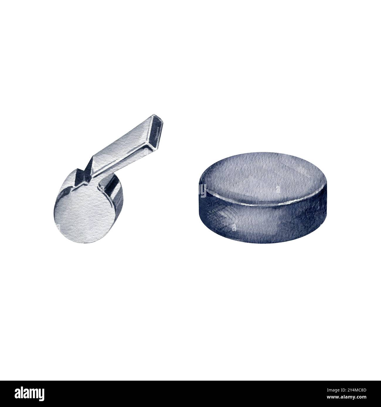 sifflet de sport en métal brillant et un palet de hockey noir, illustration aquarelle dessinée à la main du thème des sports de glace, équipement pour les sports d'équipe de glace, jeu, pour sp Banque D'Images