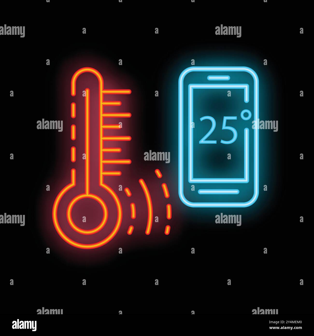 Icône lumineuse au néon d'un smartphone affichant la température en degrés celsius à côté d'un thermomètre, indiquant les prévisions météorologiques ou le contrôle de la température Illustration de Vecteur
