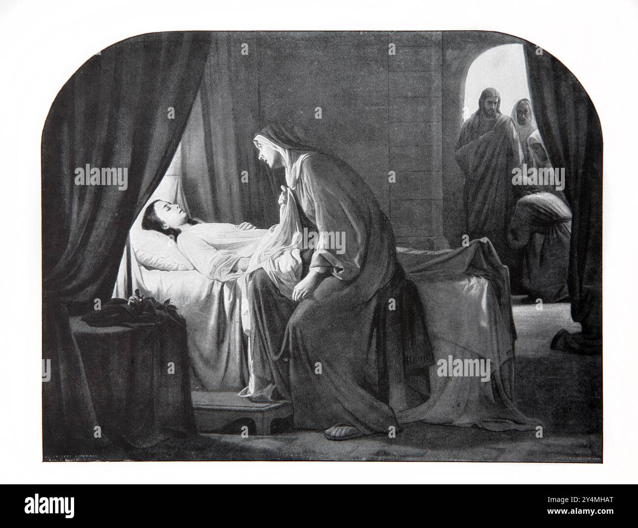 Illustration de Jésus soulevant la fille de Jairus d'entre les morts d'après la peinture de Carl Bloch (Évangile) de l'édition de 1902 de la Bible de l'enfant P Banque D'Images Illustration de Jésus soulevant la fille de Jairus d'entre les morts d'après la peinture de Carl Bloch (Évangile) de l'édition de 1902 de la Bible de l'enfant P Banque D'Images