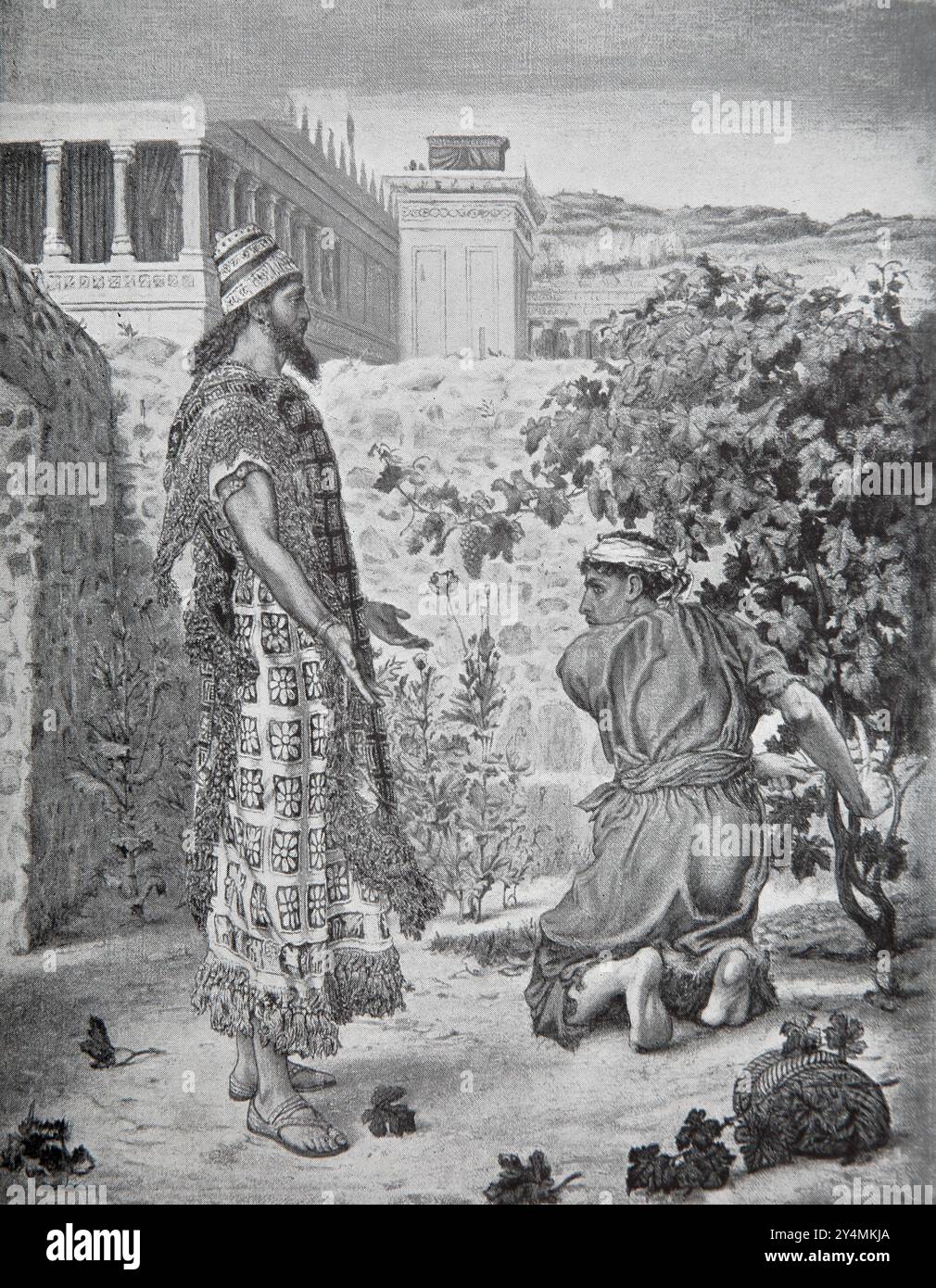 Illustration du roi Achab Roi d'Israël demandant à Naboth son vignoble et naboth refusant comme il était sa maison ancestrale (Rois) de peinture par T. M Banque D'Images