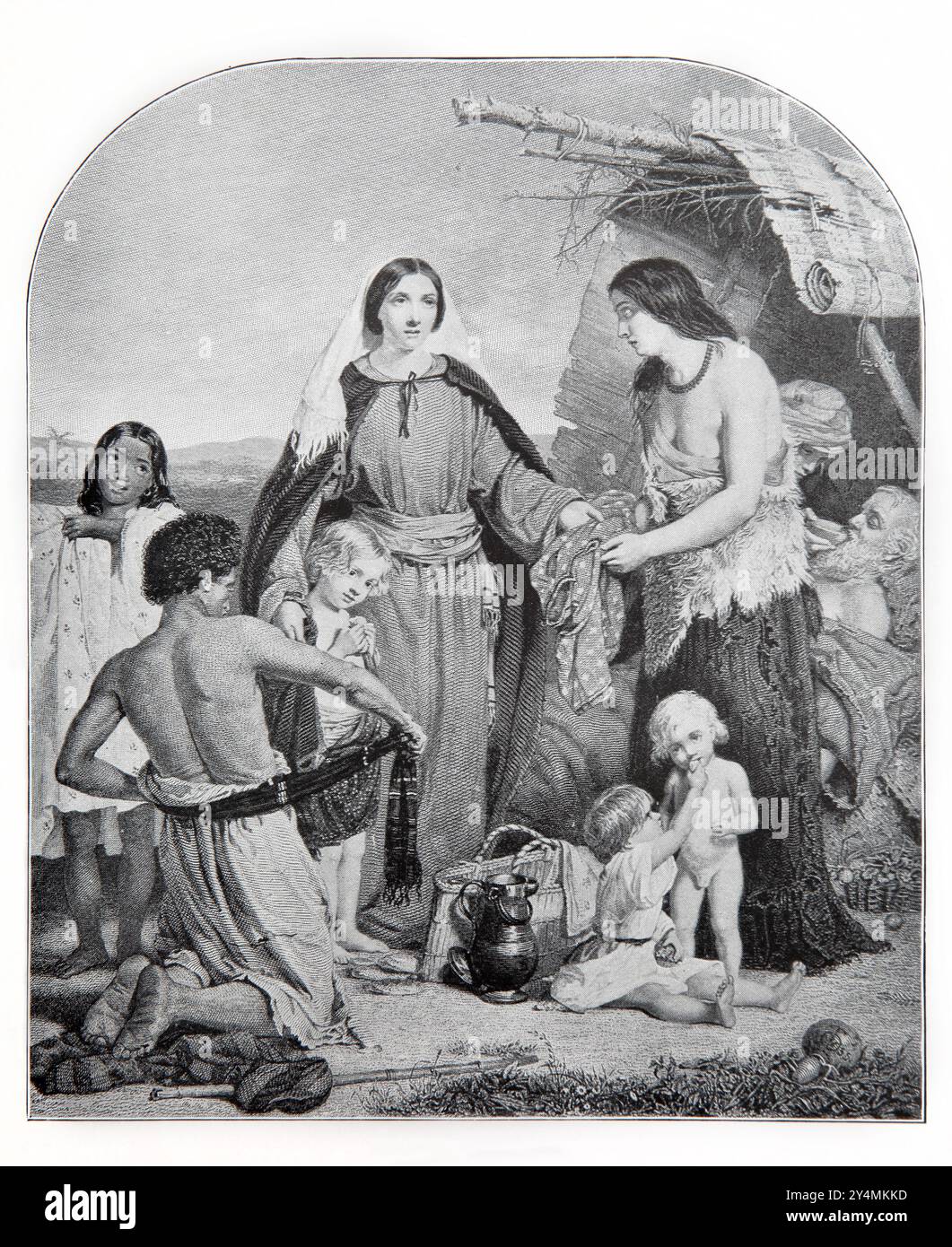 Charité à partir d'une peinture de W.C.T Dobson R. A L'édition 1902 The Child's Bible Printed Cassell and Company Limited - femme cadeau de vêtements aux pauvres Banque D'Images
