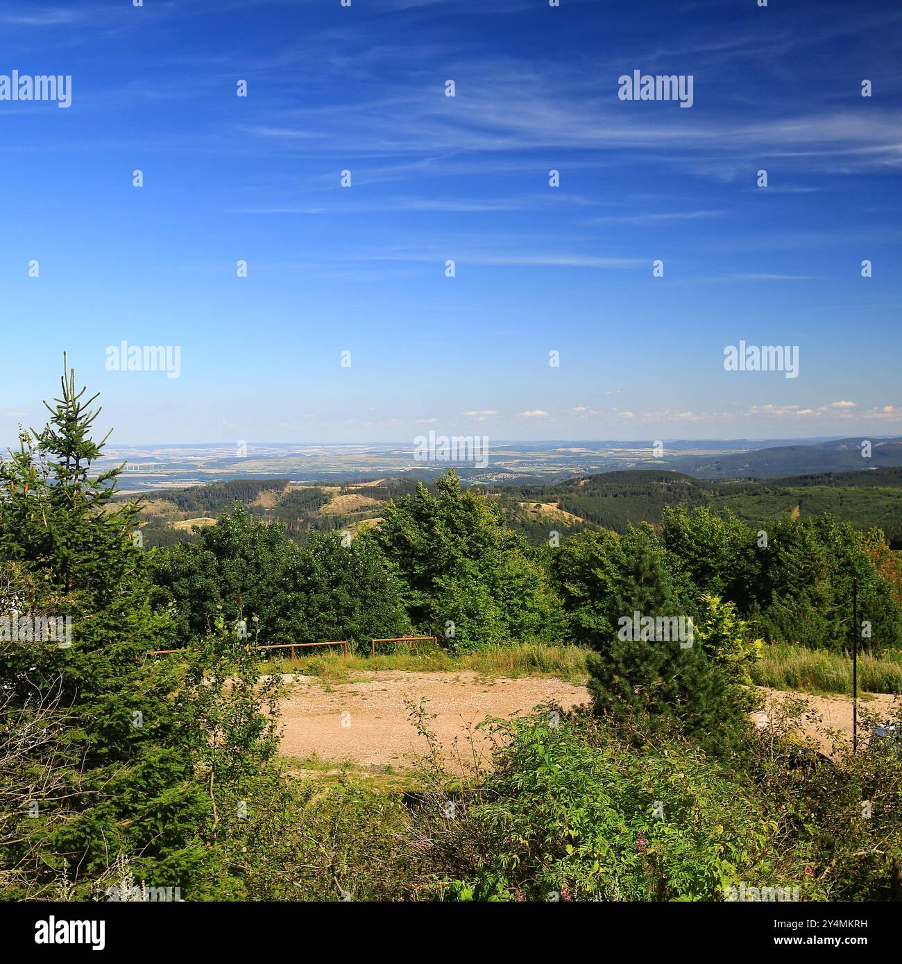 Vue sur Grosser Inselsberg en Thuringe avec des crêtes montagneuses en couches et des pentes boisées. Banque D'Images