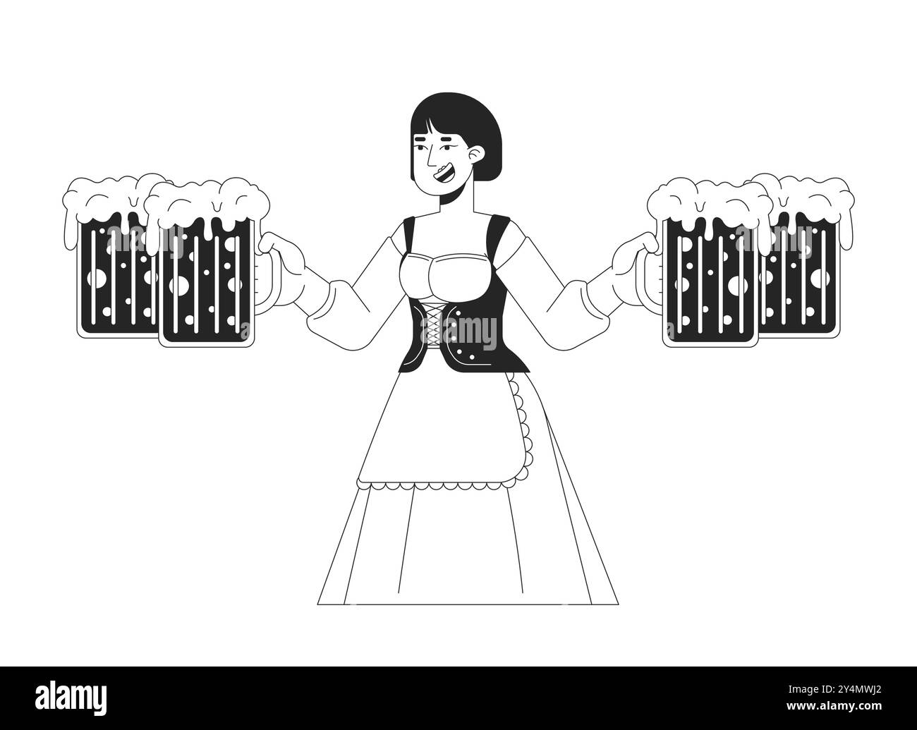 Heureuse serveuse asiatique tenant des tasses de bière artisanale noir et blanc caractère de ligne 2D. Illustration de Vecteur