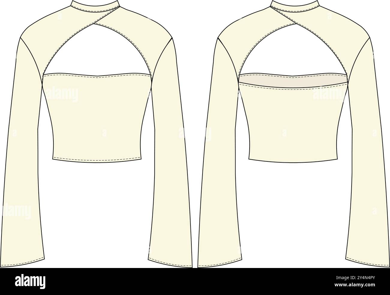 coupe basse manches longues col rond chemisier court modèle dessin technique falt esquisse cad maquette de mode femme Illustration de Vecteur