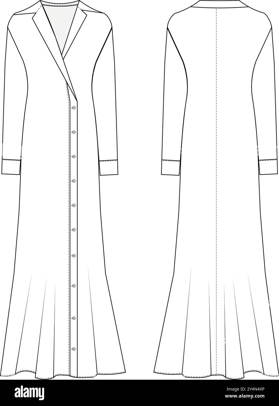 col boutonné manches longues évasé maxi longue chemise modèle technique dessin plat dessin cao maquette mode femme Illustration de Vecteur