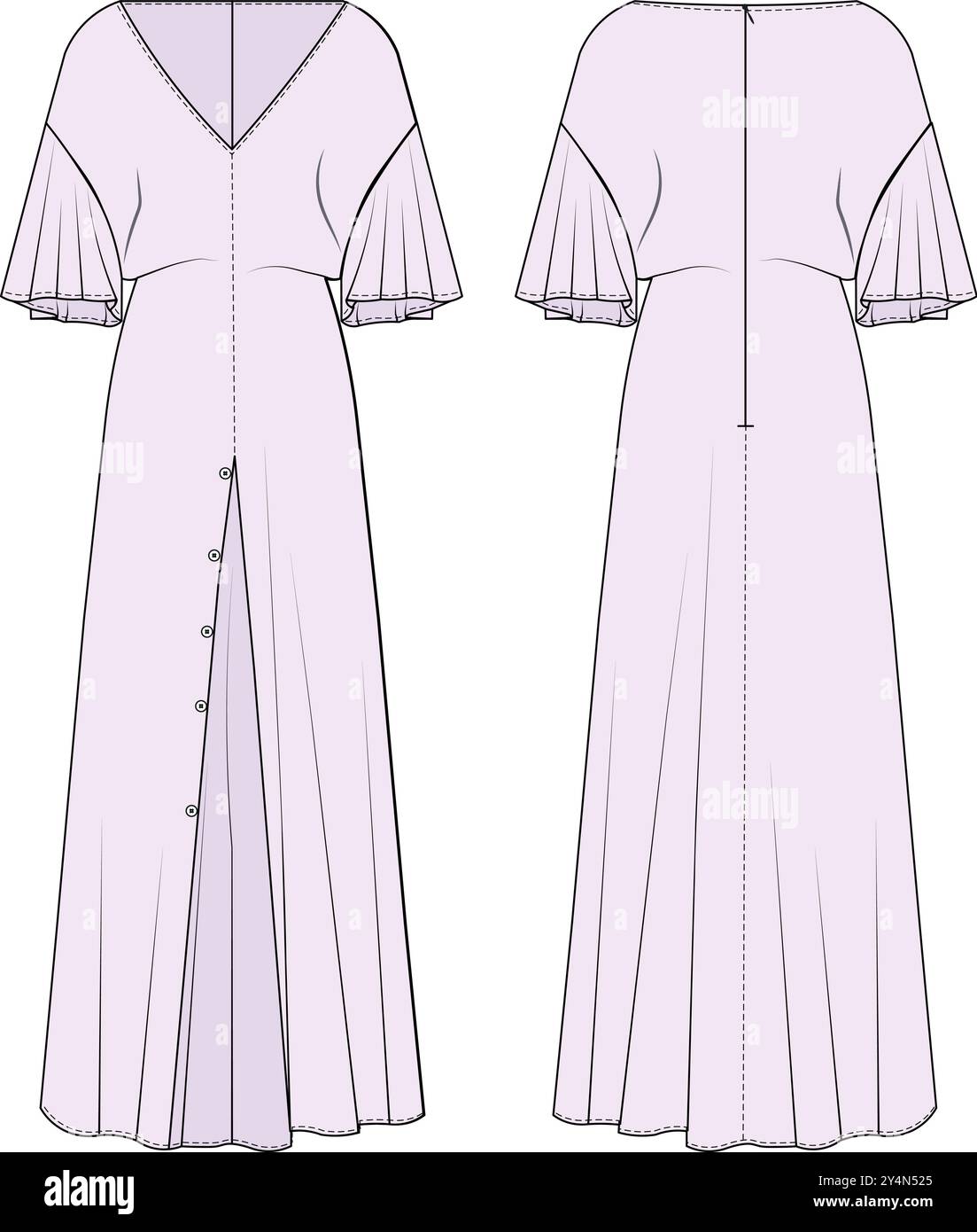 col en v évasé manches courtes avec fente et bouton slouchy long maxi robe modèle technique dessin plat dessin cao maquette mode femme Illustration de Vecteur