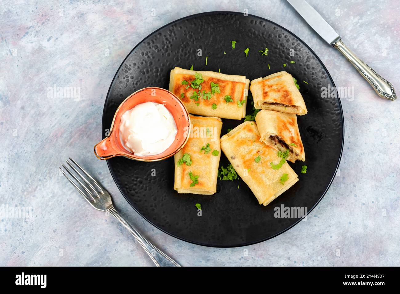 Crêpes farcies avec de la viande et de la sauce à la crème sur une assiette. Crêpes fines avec garnitures. Banque D'Images