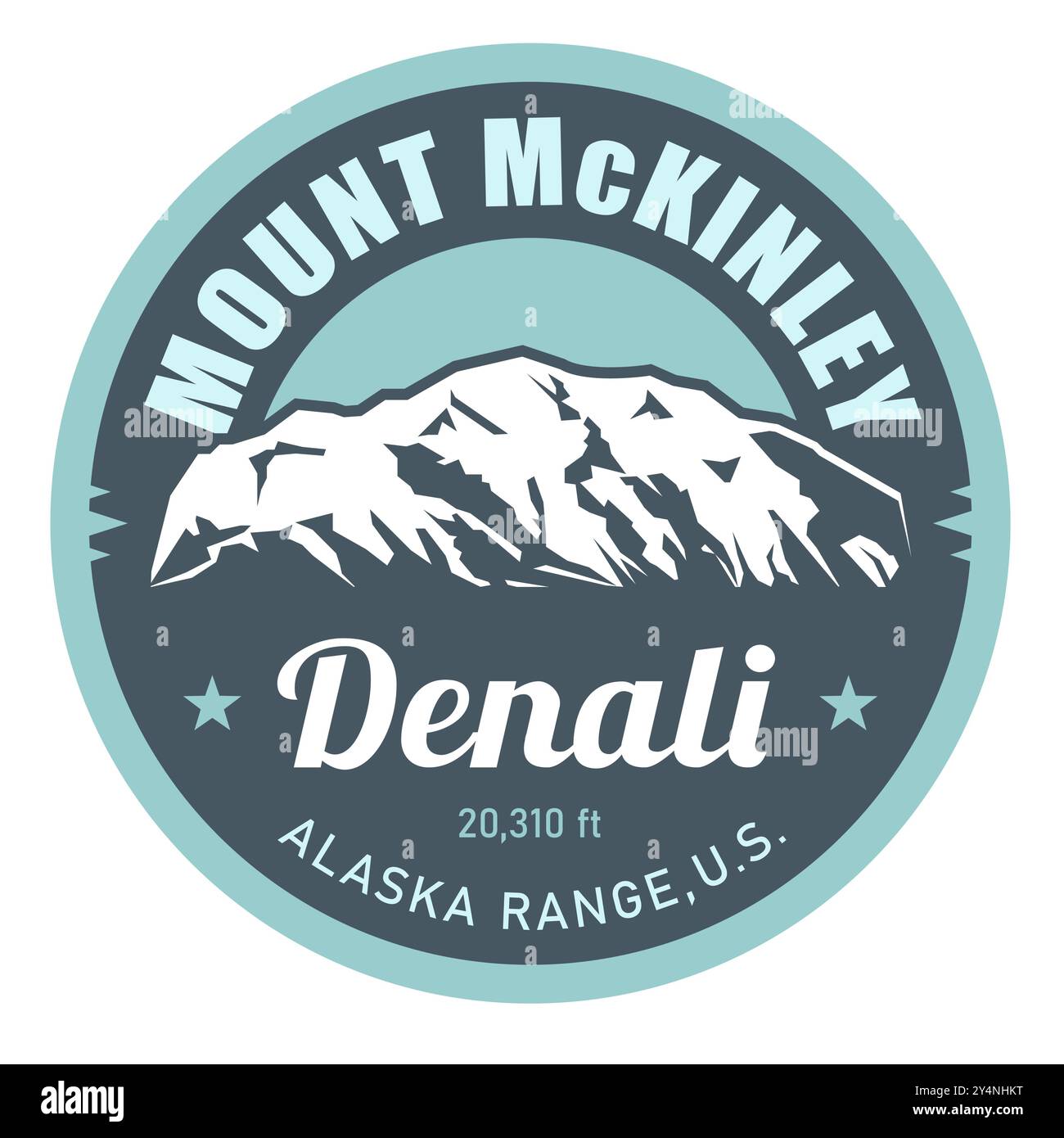 Timbre du mont McKinley, pic Denali, emblème de la chaîne Alaska avec montagnes enneigées, vecteur Illustration de Vecteur