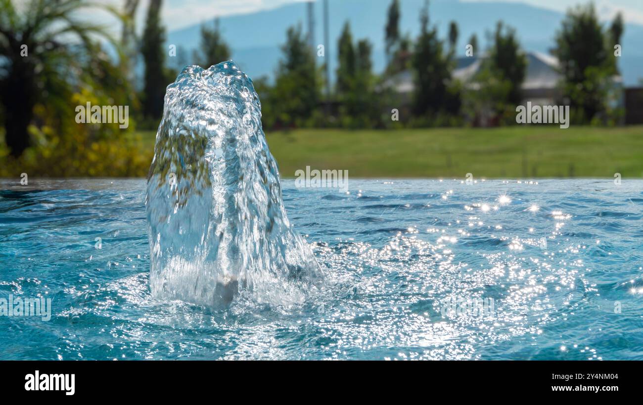 Gros plan d'une fontaine d'eau sur fond de jardin avec des arbres flous Banque D'Images